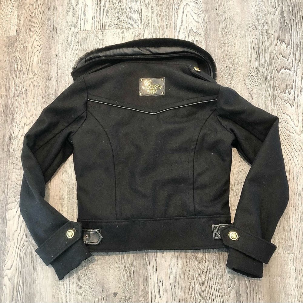 𝅺Coogi Womens Embroidered Wool Blend Varsity Jacket Fur Black Gold Small Vintage - Picture 6 of 7
